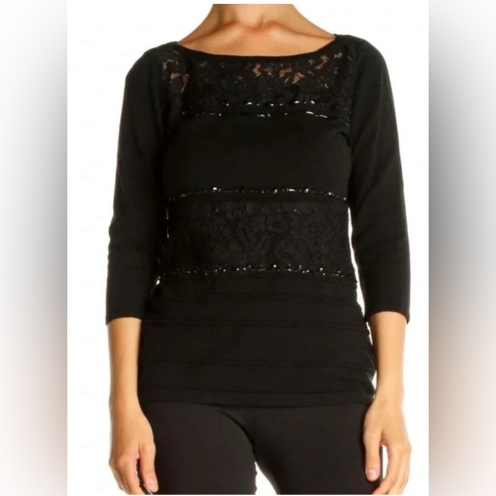 White House Black Market Lace Trim Sweater Black Crew Neck Women's Size M